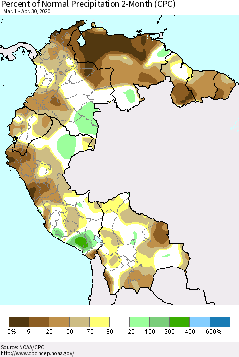 Northern South America Percent of Normal Precipitation 2-Month (CPC) Thematic Map For 3/1/2020 - 4/30/2020