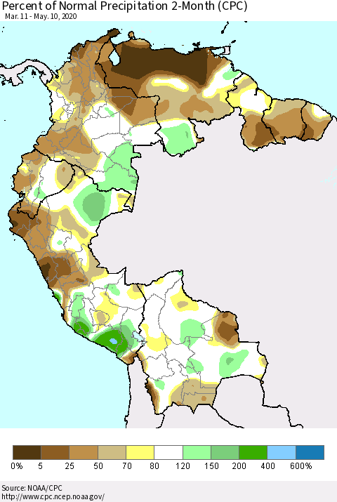 Northern South America Percent of Normal Precipitation 2-Month (CPC) Thematic Map For 3/11/2020 - 5/10/2020