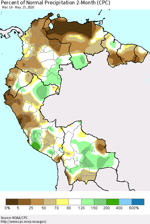 Northern South America Percent of Normal Precipitation 2-Month (CPC) Thematic Map For 3/16/2020 - 5/15/2020