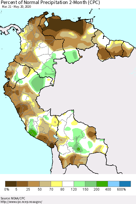 Northern South America Percent of Normal Precipitation 2-Month (CPC) Thematic Map For 3/21/2020 - 5/20/2020