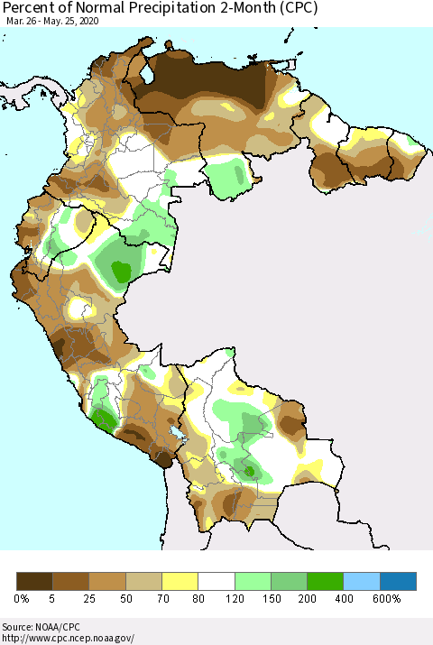 Northern South America Percent of Normal Precipitation 2-Month (CPC) Thematic Map For 3/26/2020 - 5/25/2020