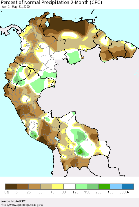 Northern South America Percent of Normal Precipitation 2-Month (CPC) Thematic Map For 4/1/2020 - 5/31/2020