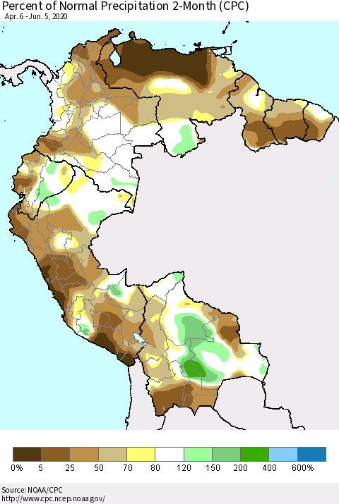 Northern South America Percent of Normal Precipitation 2-Month (CPC) Thematic Map For 4/6/2020 - 6/5/2020