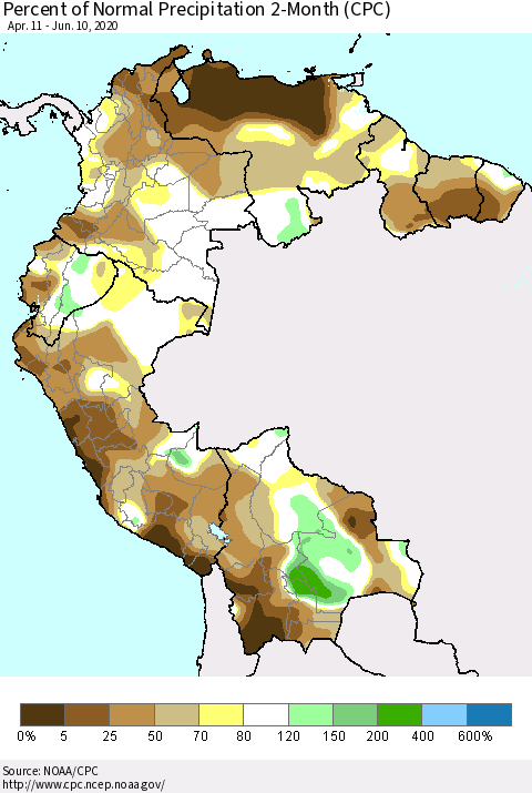 Northern South America Percent of Normal Precipitation 2-Month (CPC) Thematic Map For 4/11/2020 - 6/10/2020
