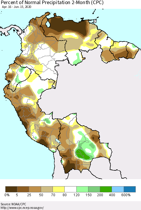 Northern South America Percent of Normal Precipitation 2-Month (CPC) Thematic Map For 4/16/2020 - 6/15/2020