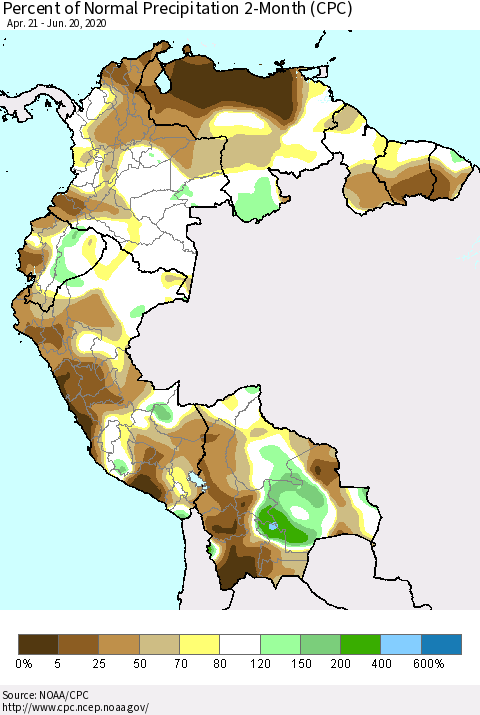 Northern South America Percent of Normal Precipitation 2-Month (CPC) Thematic Map For 4/21/2020 - 6/20/2020