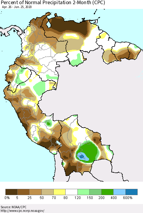 Northern South America Percent of Normal Precipitation 2-Month (CPC) Thematic Map For 4/26/2020 - 6/25/2020