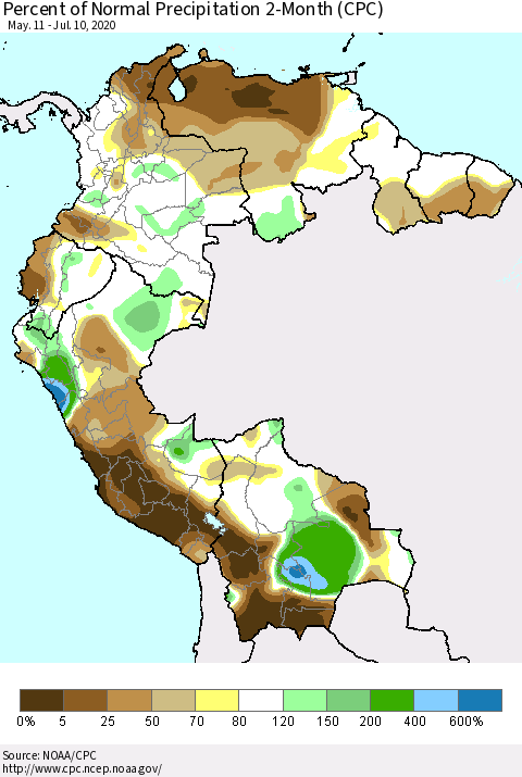 Northern South America Percent of Normal Precipitation 2-Month (CPC) Thematic Map For 5/11/2020 - 7/10/2020