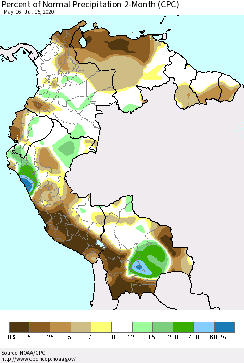 Northern South America Percent of Normal Precipitation 2-Month (CPC) Thematic Map For 5/16/2020 - 7/15/2020