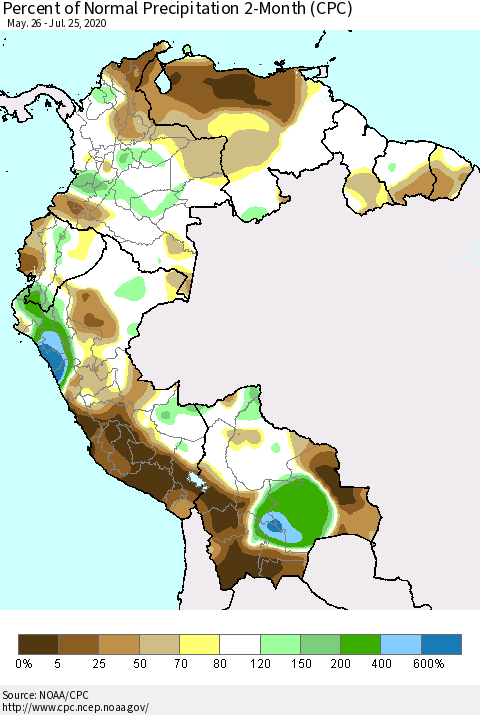Northern South America Percent of Normal Precipitation 2-Month (CPC) Thematic Map For 5/26/2020 - 7/25/2020