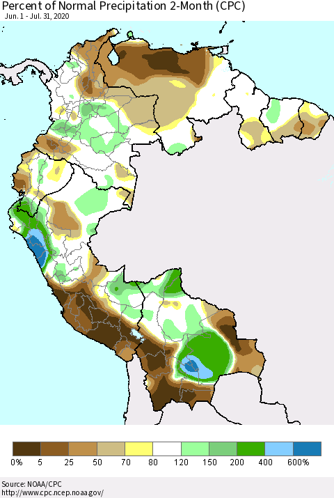 Northern South America Percent of Normal Precipitation 2-Month (CPC) Thematic Map For 6/1/2020 - 7/31/2020