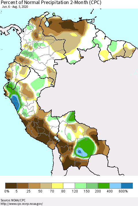 Northern South America Percent of Normal Precipitation 2-Month (CPC) Thematic Map For 6/6/2020 - 8/5/2020