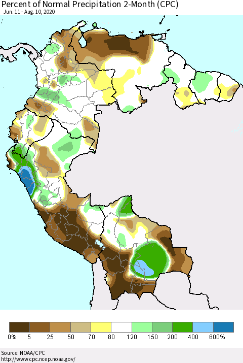 Northern South America Percent of Normal Precipitation 2-Month (CPC) Thematic Map For 6/11/2020 - 8/10/2020