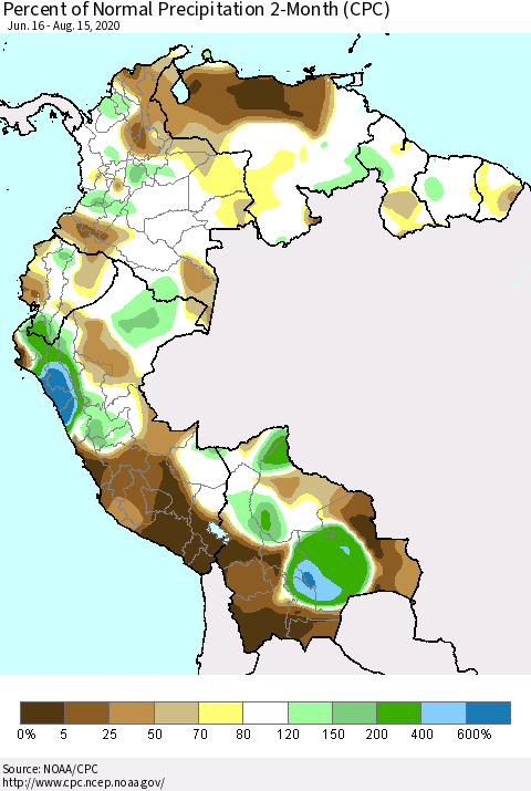 Northern South America Percent of Normal Precipitation 2-Month (CPC) Thematic Map For 6/16/2020 - 8/15/2020