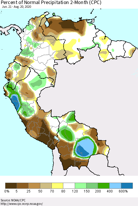 Northern South America Percent of Normal Precipitation 2-Month (CPC) Thematic Map For 6/21/2020 - 8/20/2020