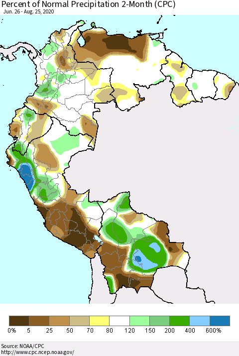 Northern South America Percent of Normal Precipitation 2-Month (CPC) Thematic Map For 6/26/2020 - 8/25/2020