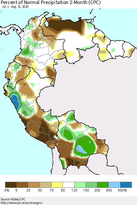 Northern South America Percent of Normal Precipitation 2-Month (CPC) Thematic Map For 7/1/2020 - 8/31/2020