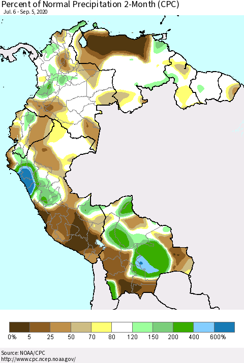 Northern South America Percent of Normal Precipitation 2-Month (CPC) Thematic Map For 7/6/2020 - 9/5/2020