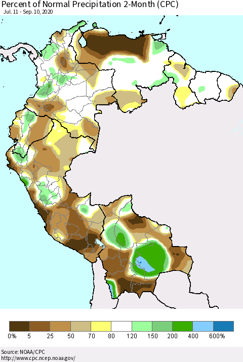 Northern South America Percent of Normal Precipitation 2-Month (CPC) Thematic Map For 7/11/2020 - 9/10/2020