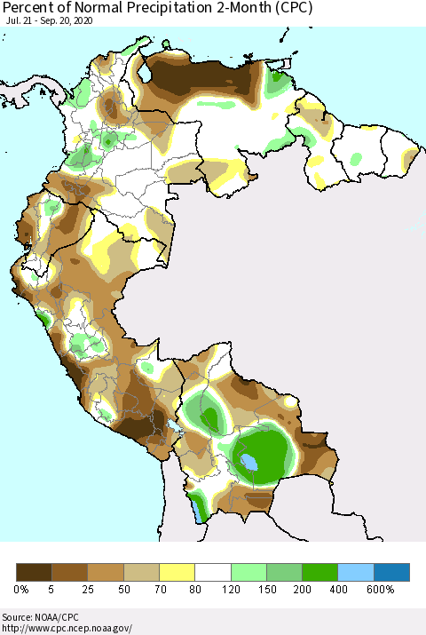 Northern South America Percent of Normal Precipitation 2-Month (CPC) Thematic Map For 7/21/2020 - 9/20/2020