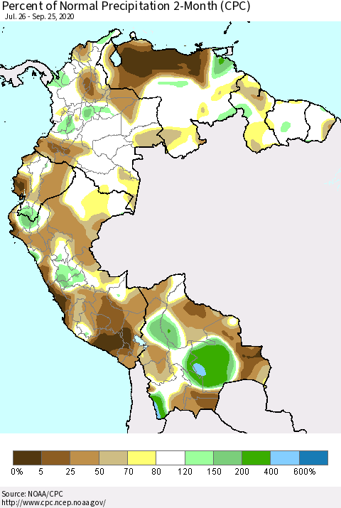 Northern South America Percent of Normal Precipitation 2-Month (CPC) Thematic Map For 7/26/2020 - 9/25/2020