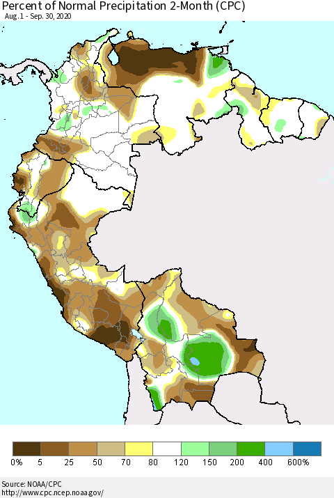 Northern South America Percent of Normal Precipitation 2-Month (CPC) Thematic Map For 8/1/2020 - 9/30/2020