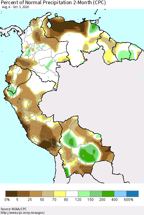 Northern South America Percent of Normal Precipitation 2-Month (CPC) Thematic Map For 8/6/2020 - 10/5/2020