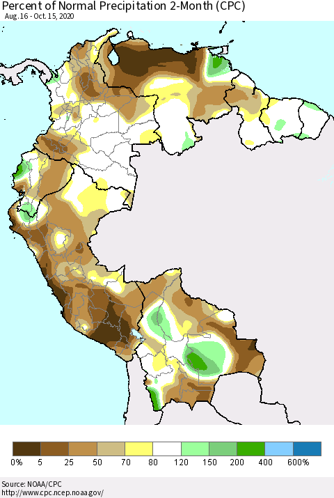 Northern South America Percent of Normal Precipitation 2-Month (CPC) Thematic Map For 8/16/2020 - 10/15/2020