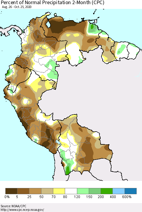 Northern South America Percent of Normal Precipitation 2-Month (CPC) Thematic Map For 8/26/2020 - 10/25/2020
