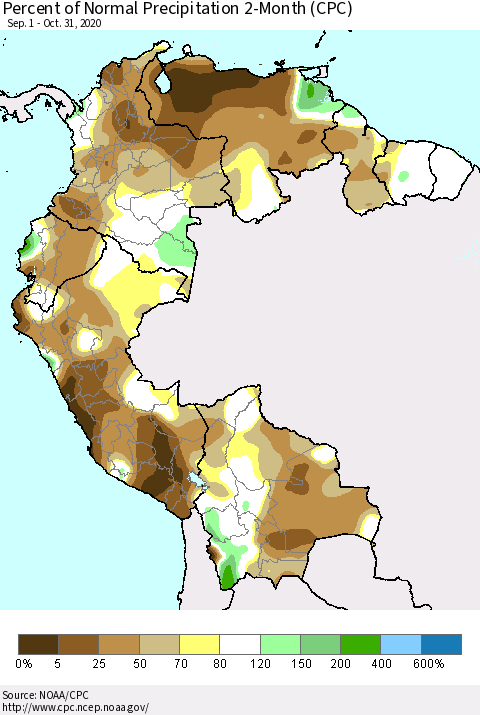 Northern South America Percent of Normal Precipitation 2-Month (CPC) Thematic Map For 9/1/2020 - 10/31/2020