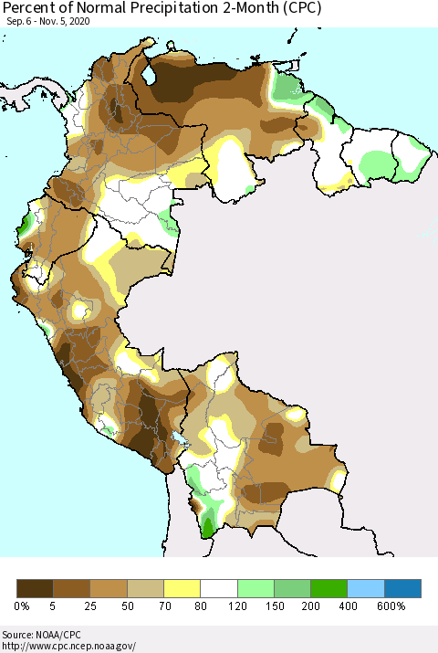 Northern South America Percent of Normal Precipitation 2-Month (CPC) Thematic Map For 9/6/2020 - 11/5/2020