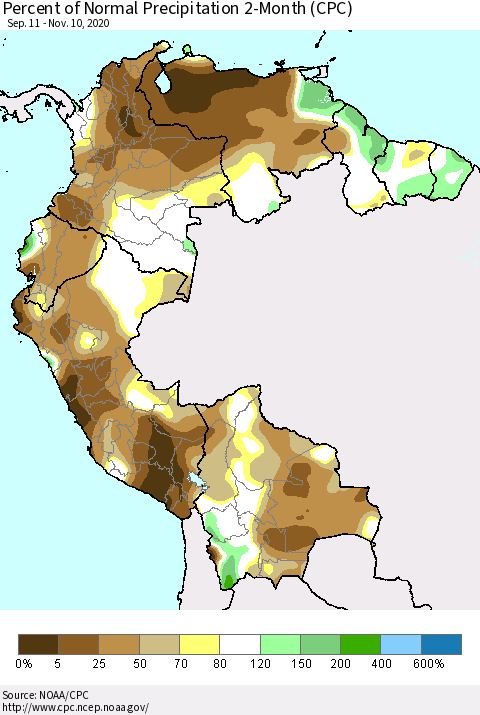 Northern South America Percent of Normal Precipitation 2-Month (CPC) Thematic Map For 9/11/2020 - 11/10/2020