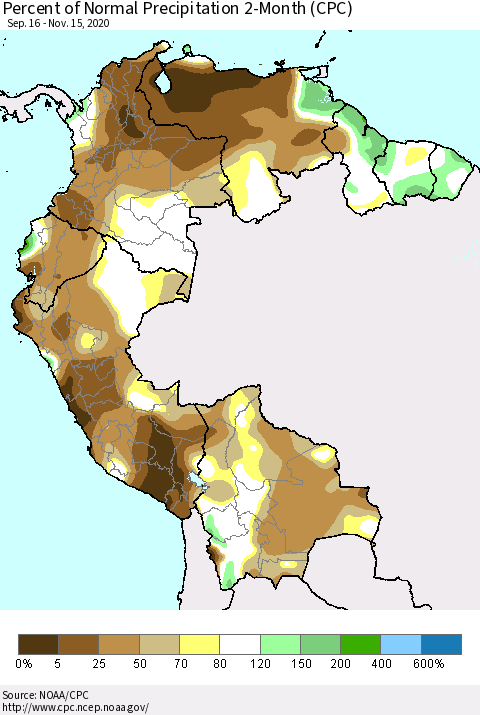 Northern South America Percent of Normal Precipitation 2-Month (CPC) Thematic Map For 9/16/2020 - 11/15/2020