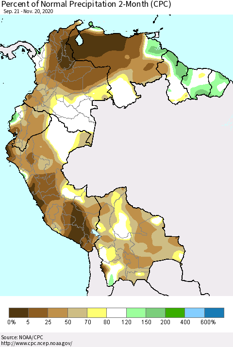 Northern South America Percent of Normal Precipitation 2-Month (CPC) Thematic Map For 9/21/2020 - 11/20/2020