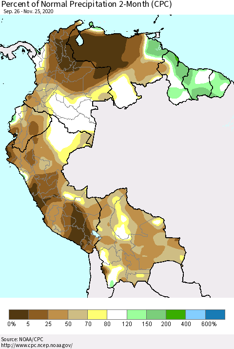 Northern South America Percent of Normal Precipitation 2-Month (CPC) Thematic Map For 9/26/2020 - 11/25/2020