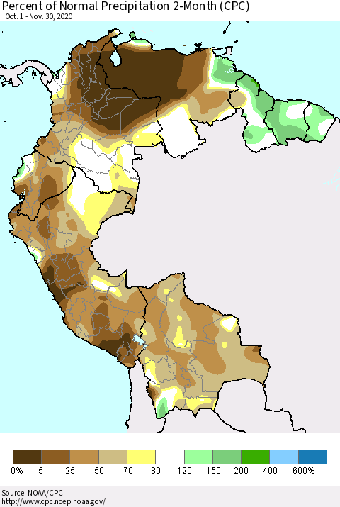 Northern South America Percent of Normal Precipitation 2-Month (CPC) Thematic Map For 10/1/2020 - 11/30/2020
