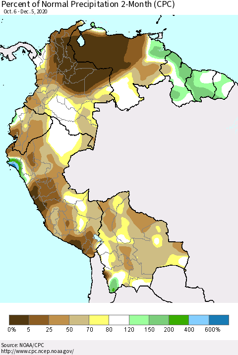Northern South America Percent of Normal Precipitation 2-Month (CPC) Thematic Map For 10/6/2020 - 12/5/2020
