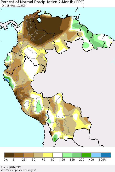 Northern South America Percent of Normal Precipitation 2-Month (CPC) Thematic Map For 10/11/2020 - 12/10/2020