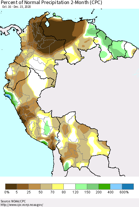 Northern South America Percent of Normal Precipitation 2-Month (CPC) Thematic Map For 10/16/2020 - 12/15/2020