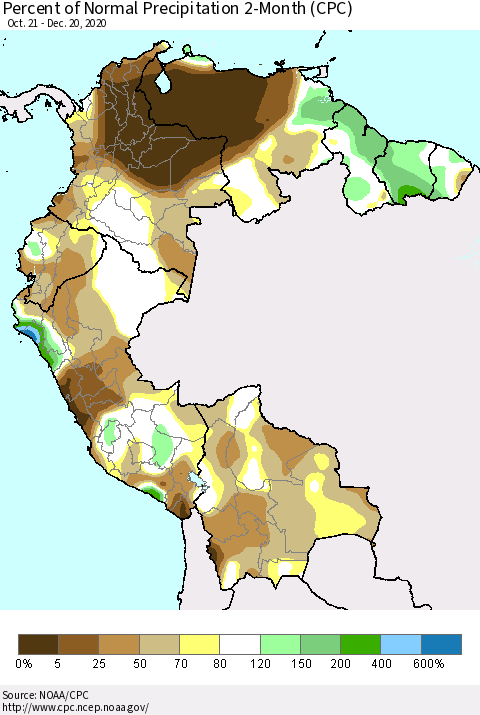 Northern South America Percent of Normal Precipitation 2-Month (CPC) Thematic Map For 10/21/2020 - 12/20/2020