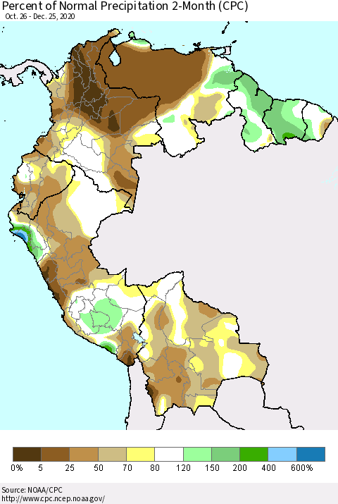 Northern South America Percent of Normal Precipitation 2-Month (CPC) Thematic Map For 10/26/2020 - 12/25/2020