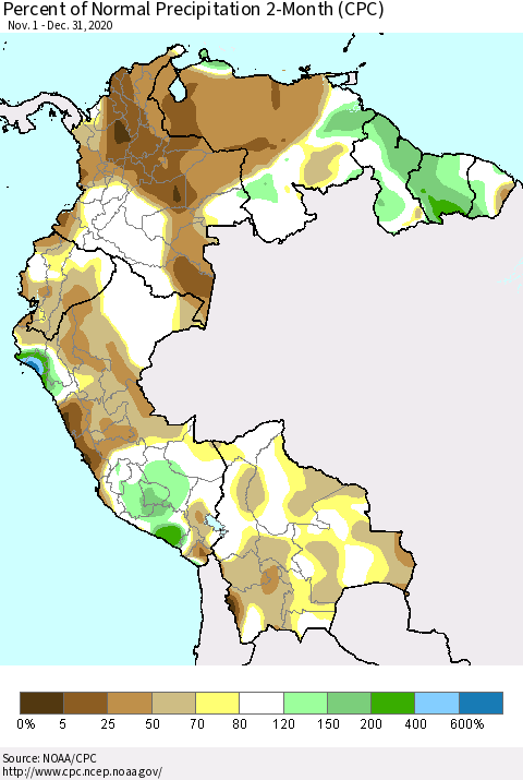 Northern South America Percent of Normal Precipitation 2-Month (CPC) Thematic Map For 11/1/2020 - 12/31/2020