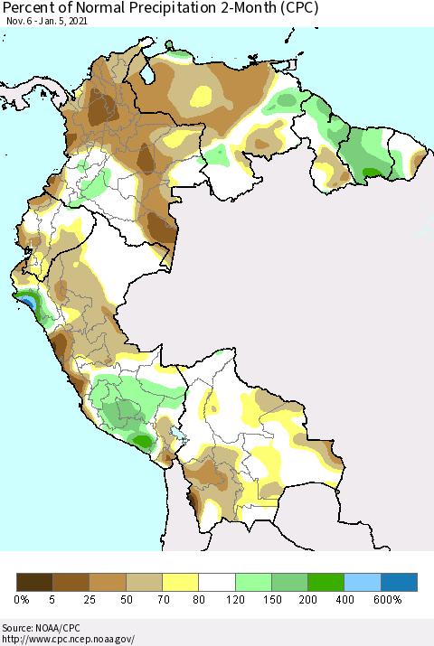 Northern South America Percent of Normal Precipitation 2-Month (CPC) Thematic Map For 11/6/2020 - 1/5/2021