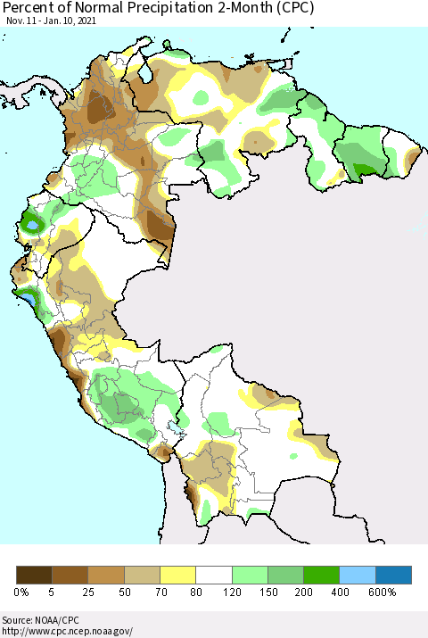 Northern South America Percent of Normal Precipitation 2-Month (CPC) Thematic Map For 11/11/2020 - 1/10/2021