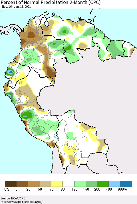 Northern South America Percent of Normal Precipitation 2-Month (CPC) Thematic Map For 11/16/2020 - 1/15/2021