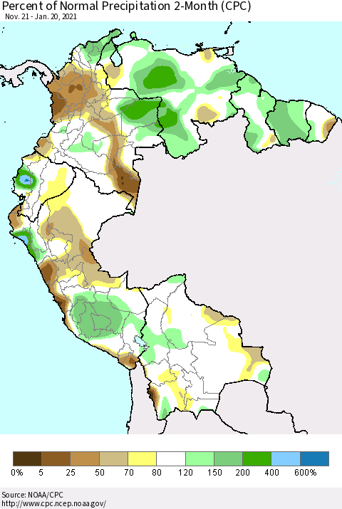 Northern South America Percent of Normal Precipitation 2-Month (CPC) Thematic Map For 11/21/2020 - 1/20/2021