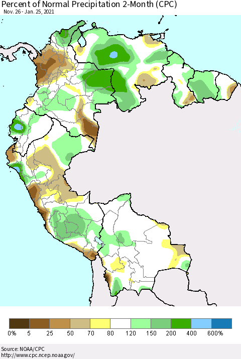 Northern South America Percent of Normal Precipitation 2-Month (CPC) Thematic Map For 11/26/2020 - 1/25/2021