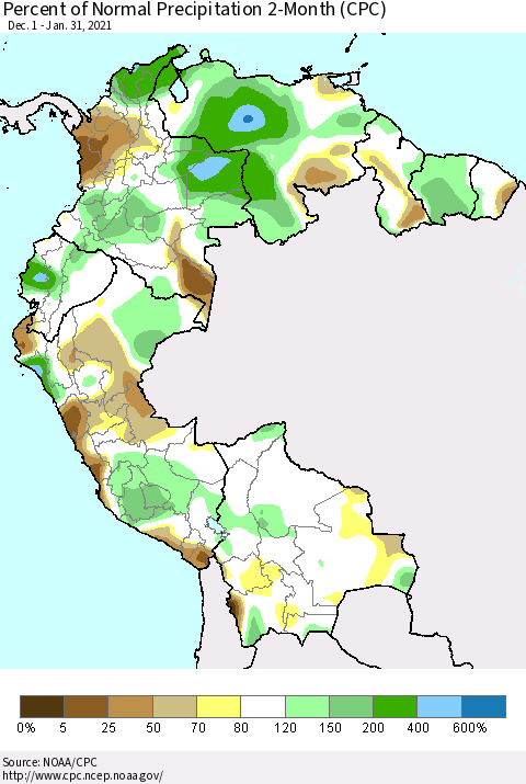 Northern South America Percent of Normal Precipitation 2-Month (CPC) Thematic Map For 12/1/2020 - 1/31/2021