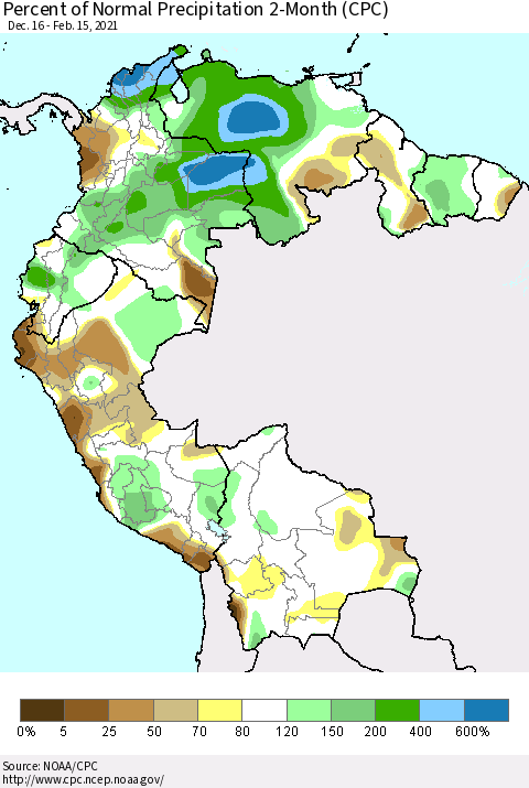 Northern South America Percent of Normal Precipitation 2-Month (CPC) Thematic Map For 12/16/2020 - 2/15/2021