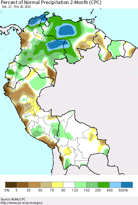 Northern South America Percent of Normal Precipitation 2-Month (CPC) Thematic Map For 12/21/2020 - 2/20/2021